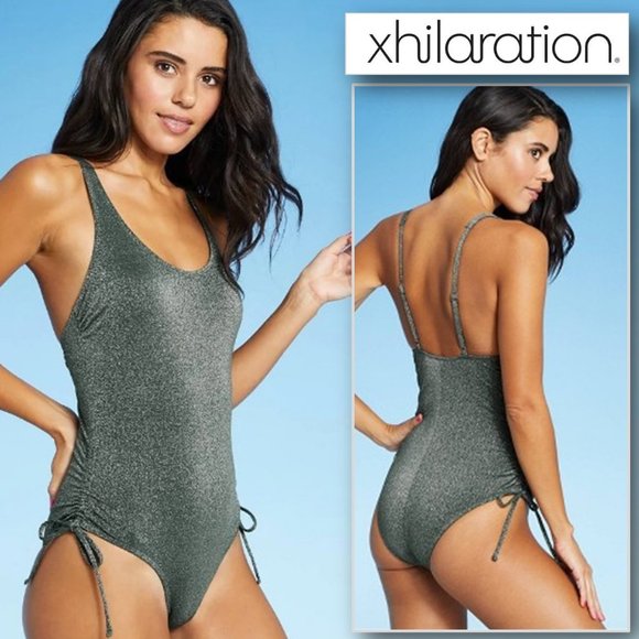 XHILARATION™ Moss Green Juniors’ Metallic Side-Cinch One Piece Swimsuit … - Picture 1 of 12